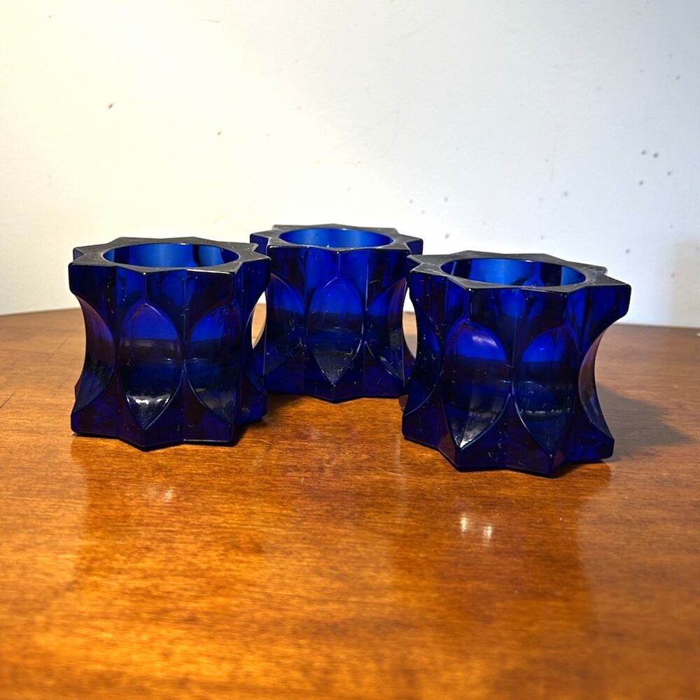 Set of 3 Cobalt Blue Glass Star Votive Candle Holders Geometric Pattern 2 1/4”